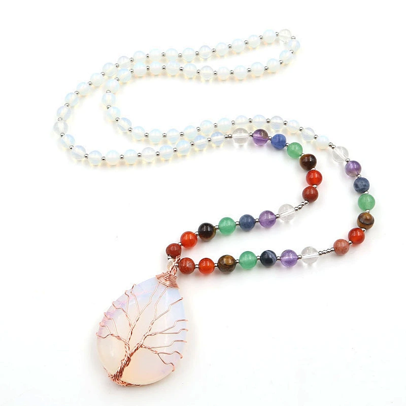 Wollet New Opal Rose Gold Winding Tree of Life Colorful Chakra Bead Chain Pendant