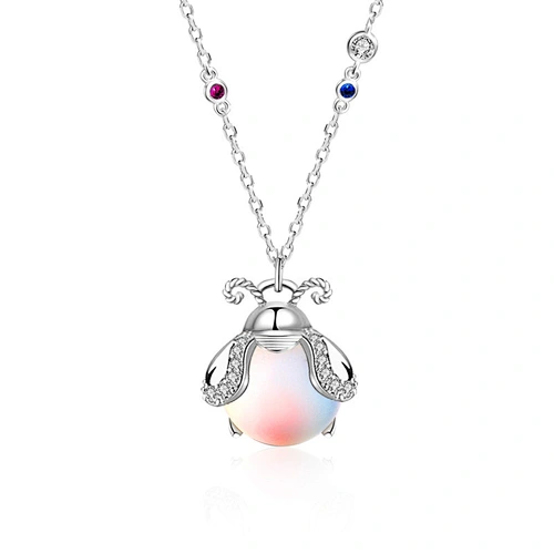 Wollet Colorful Moonstone Insect Women's Pendant Clavicle Chain S925 Silver Firefly Necklace