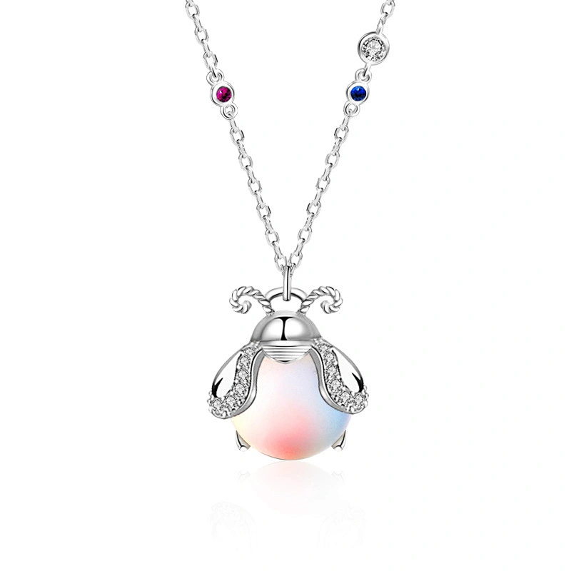 Wollet Colorful Moonstone Insect Women's Pendant Clavicle Chain S925 Silver Firefly Necklace