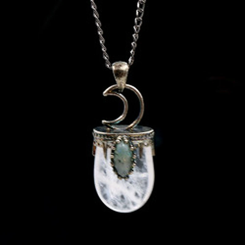 Wollet Vintage Natural Glitter Stone Moon Amethyst Pendant Necklace