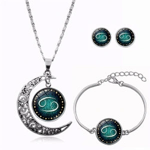 Wollet Fashion Bead Pendant Necklace Astrology Galaxy Crescent Moon Glass 12 Zodiac Necklace