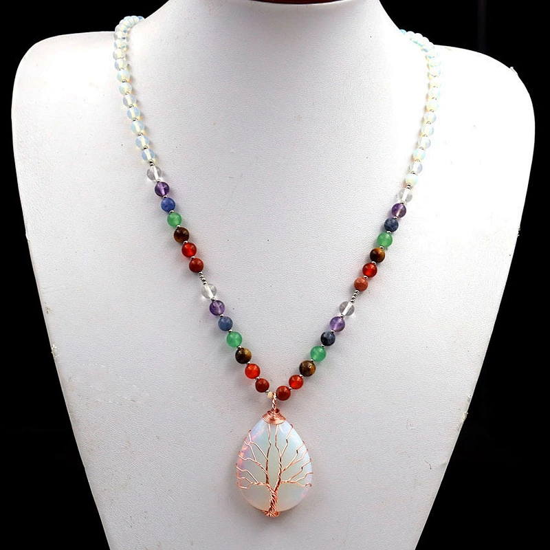 Wollet New Opal Rose Gold Winding Tree of Life Colorful Chakra Bead Chain Pendant
