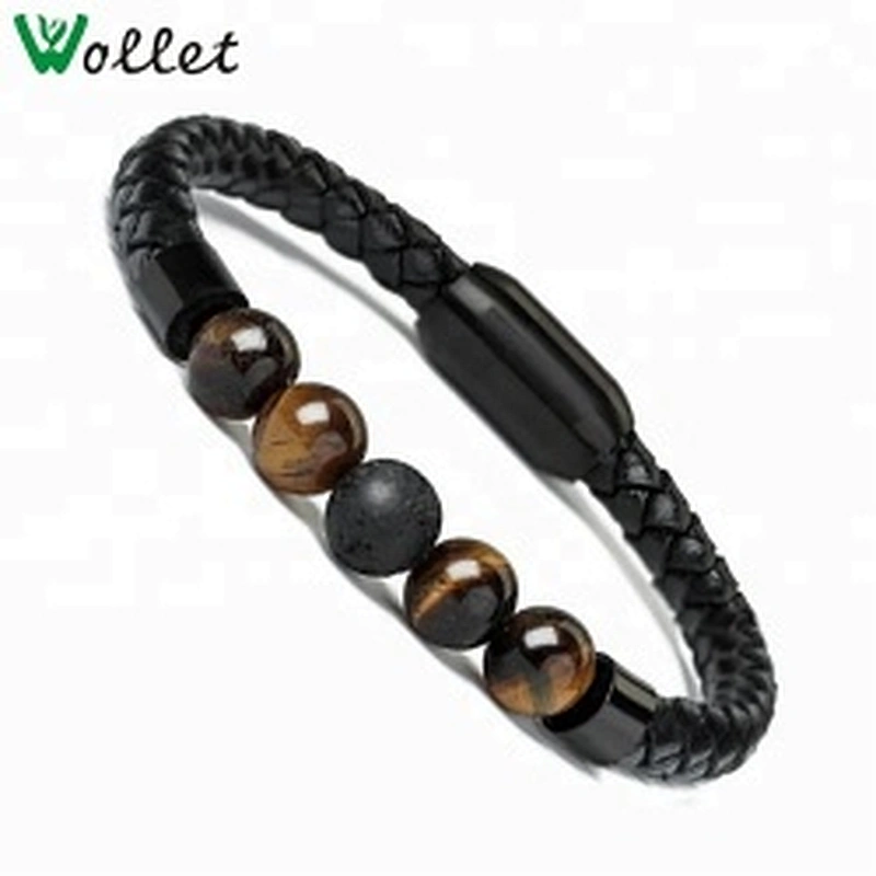 Wollet Lava Rock Tiger Eye And Magnetic Clasp Genuine Leather Bracelet For Men