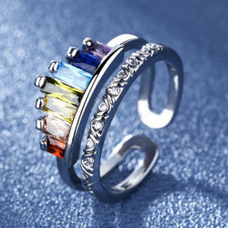 Wollet New Fashionable Open Zircon Rainbow Crown Adjustable Copper Ring