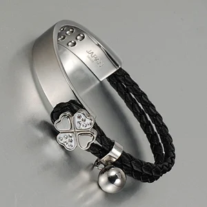 Wollet Rose Gold IPG Clovers Jewelry stainless steel leather women bangle