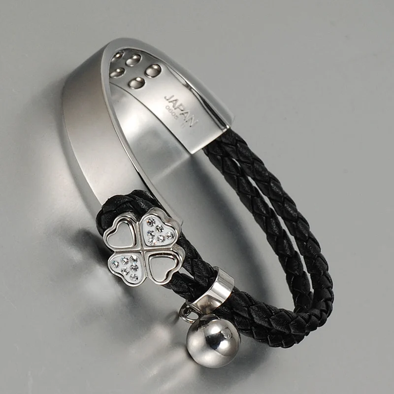 Wollet Rose Gold IPG Clovers Jewelry stainless steel leather women bangle