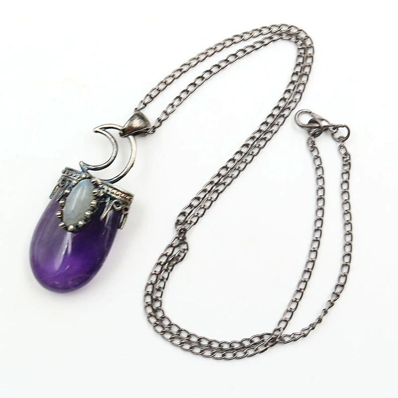 Wollet Vintage Natural Glitter Stone Moon Amethyst Pendant Necklace