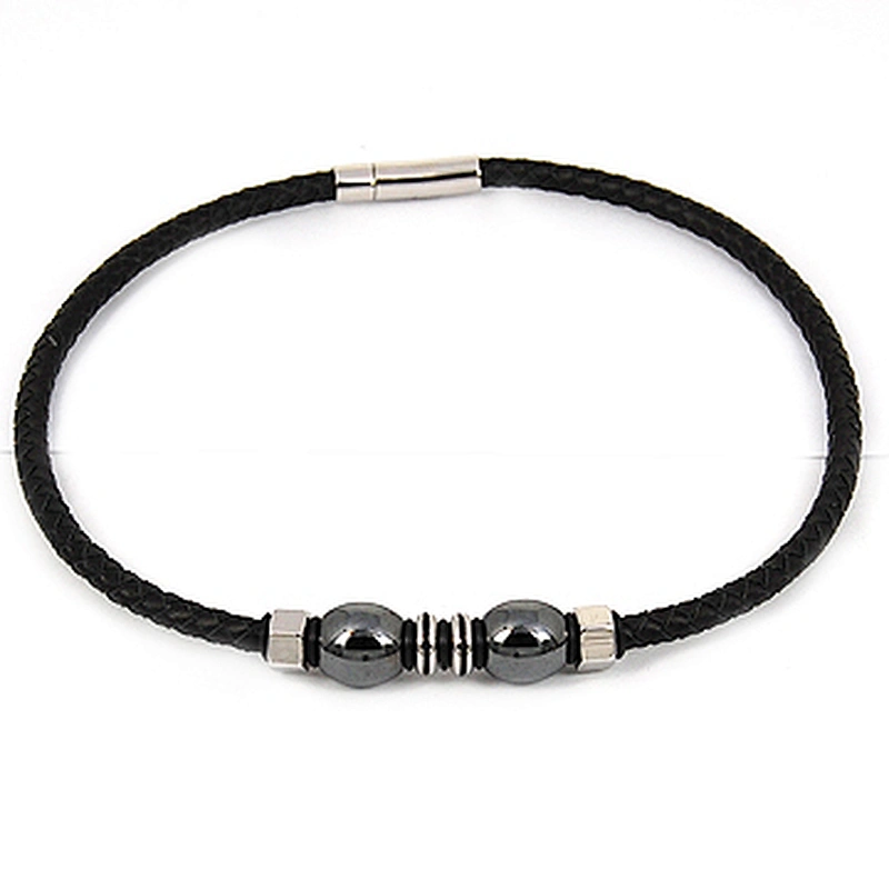 Heatproof Black Silicone Necklace with Hematite Beads & CZ & Steel Clasp
