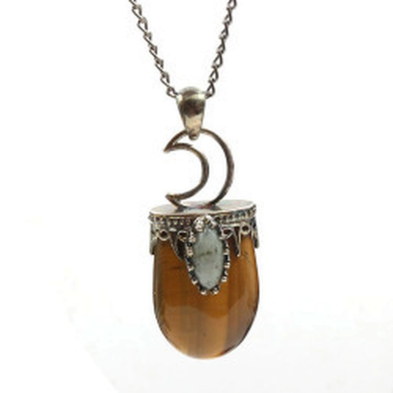 Wollet Vintage Natural Glitter Stone Moon Amethyst Pendant Necklace