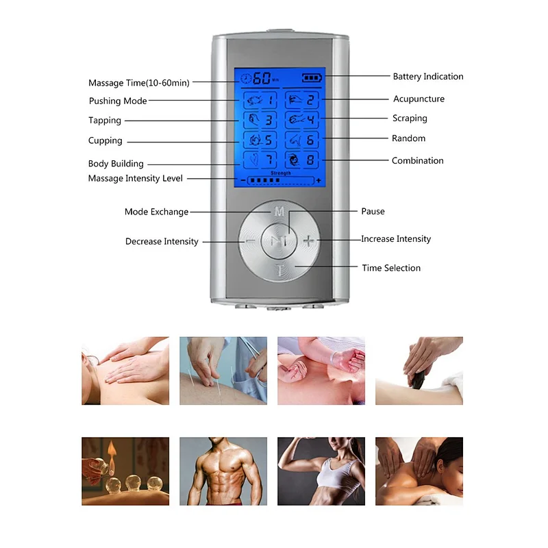 Wollet Tens Unit Machine Pulse Massage 8 Massage Modes Rechargeable Pain Relief Muscle Stimulator Massager with 4 Pads