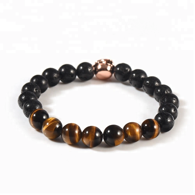 Wollet Fashion Lava Stone Tiger Eye Stone Pure Copper Flower Bead Bracelet