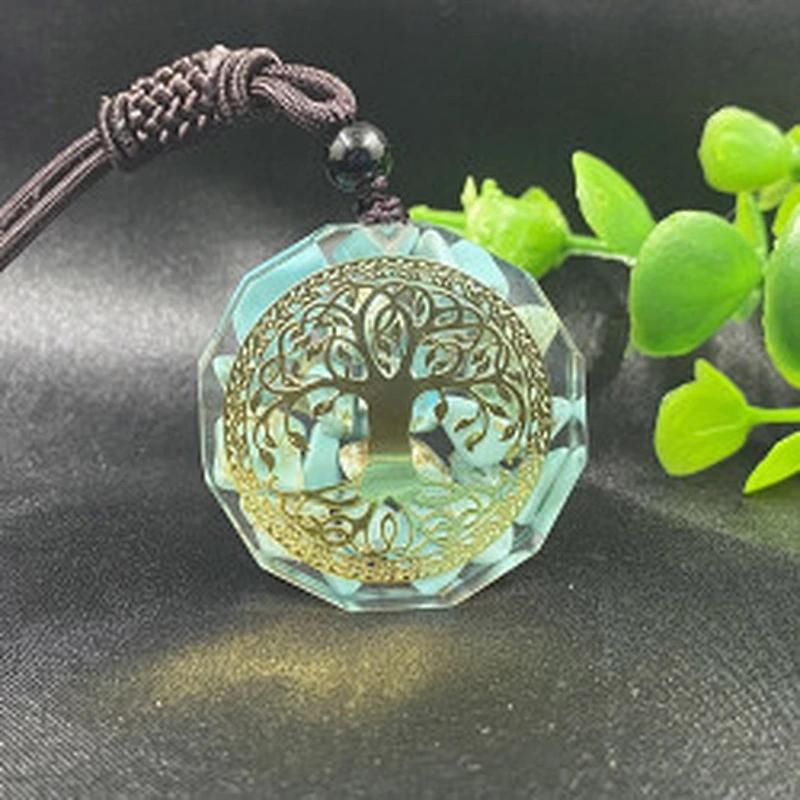 Wollet Natural Turquoise Crystal Resin Ogan Energy Tree of Life Seven Chakra Pendant