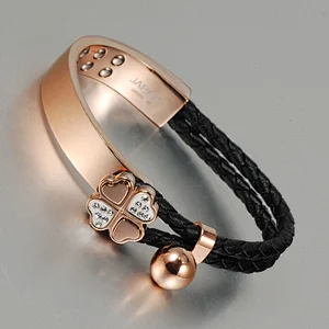 Wollet Rose Gold IPG Clovers Jewelry stainless steel leather women bangle