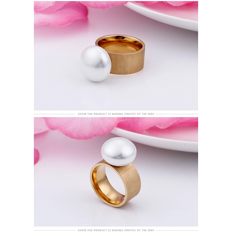 Wollet New Fashion Simple 10mm Pearl Gold Plating Stainless Steel Ring