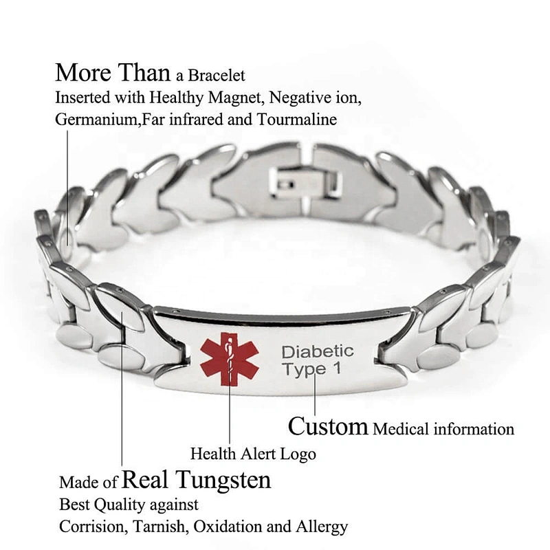 Wollet Real Tungsten Health Energy Custom Free Diabetic Medical Magnetic Alert Id Bracelet