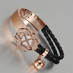 Wollet Rose Gold IPG Clovers Jewelry stainless steel leather women bangle
