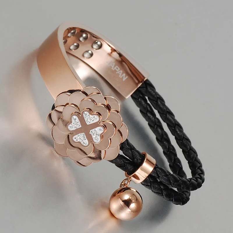 Wollet Rose Gold IPG Clovers Jewelry stainless steel leather women bangle