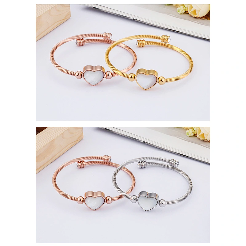 Wollet Fashion Women'S Bangle Heart-Shaped Shell Stainless Steel Wire Braided Bracelet