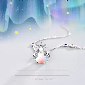 Wollet Colorful Moonstone Insect Women's Pendant Clavicle Chain S925 Silver Firefly Necklace