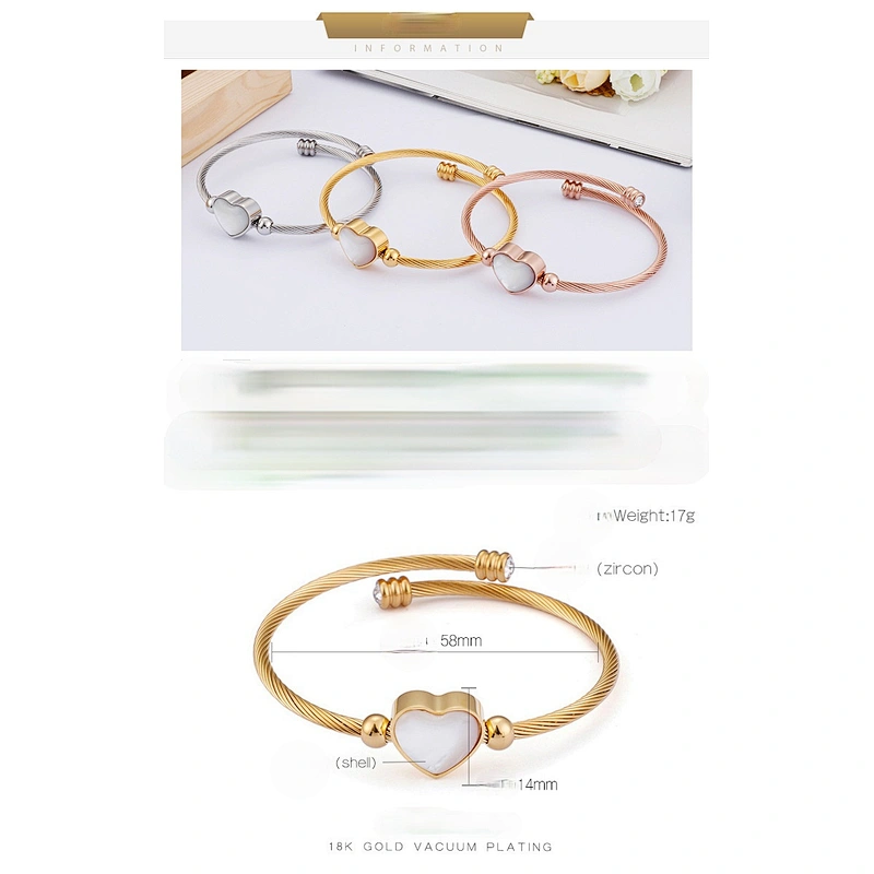 Wollet Fashion Women'S Bangle Heart-Shaped Shell Stainless Steel Wire Braided Bracelet