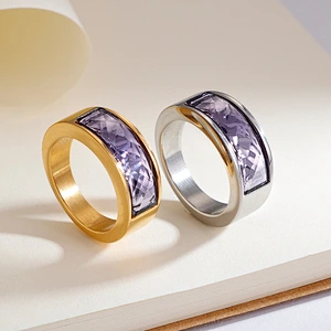 Wollet Classic Retro Multicolor Wedding Ring Crystal Glass Stainless Steel Ring