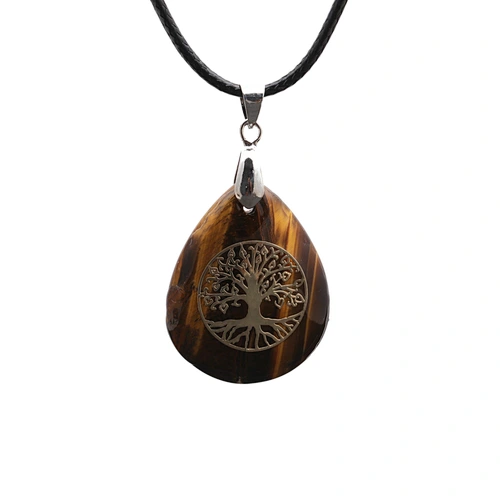 Wollet Wholesale Oval Natural Stone Yoga Agate Tree of Life Water Drop Shape Pendant Necklace