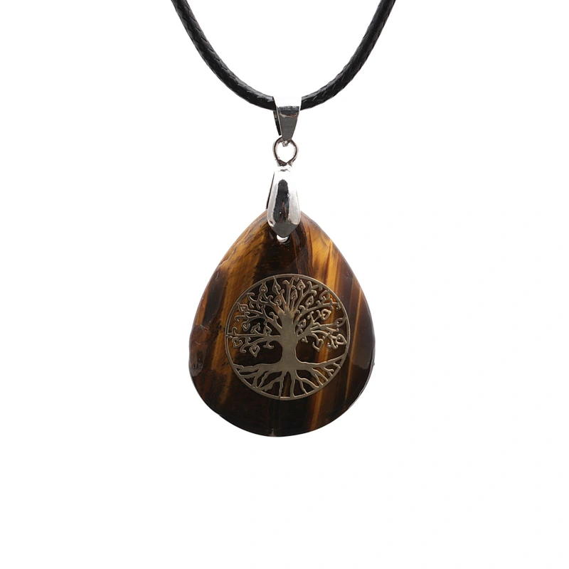 Wollet Wholesale Oval Natural Stone Yoga Agate Tree of Life Water Drop Shape Pendant Necklace