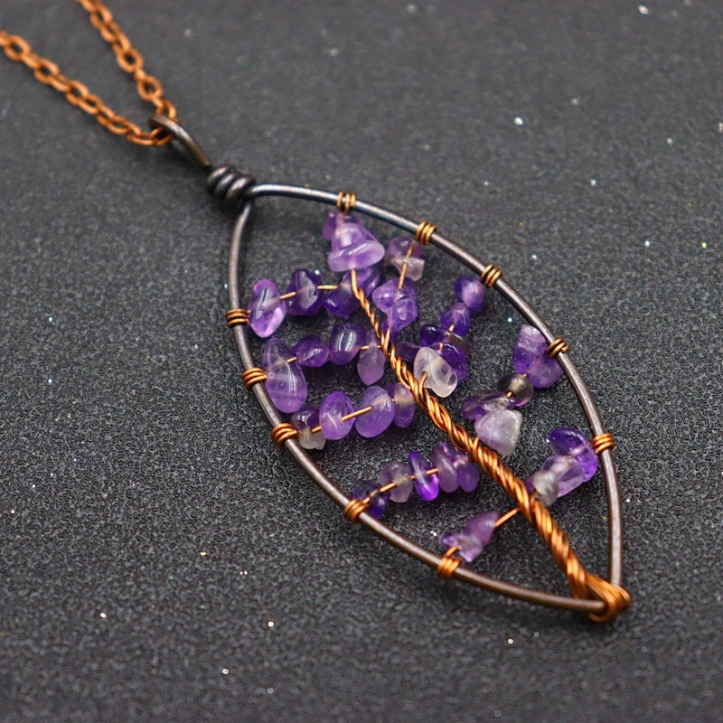 Wollet Natural Stone Bronze Hand-wound Gravel Charm Tree of Life Pendant Necklace