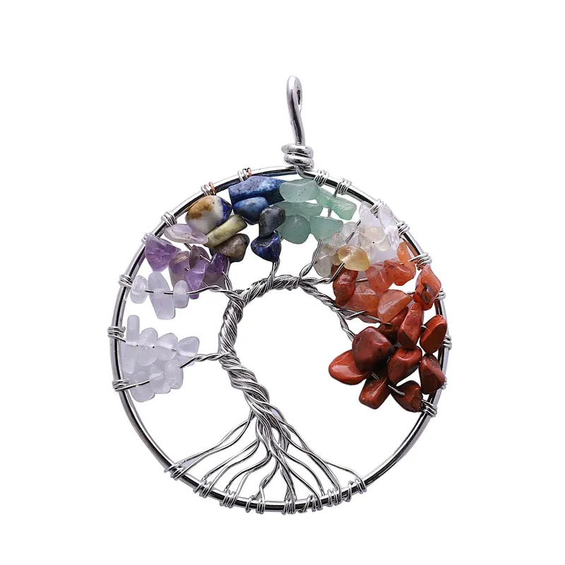 Wollet Wholesale Gemstones Charms for Peace Gift 7 Chakra Crystal Tree of Life Pendant Necklace