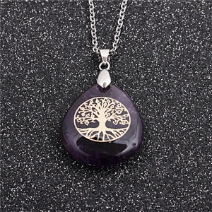 Wollet Wholesale Oval Natural Stone Yoga Agate Tree of Life Water Drop Shape Pendant Necklace
