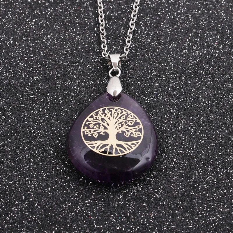 Wollet Wholesale Oval Natural Stone Yoga Agate Tree of Life Water Drop Shape Pendant Necklace
