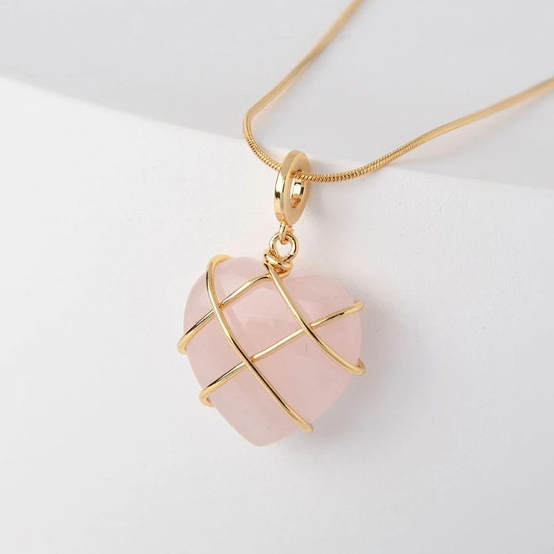 Wollet Natural Crystal Opal Powder Crystal Peach Heart DIY Winding  Heart Pendant Necklace