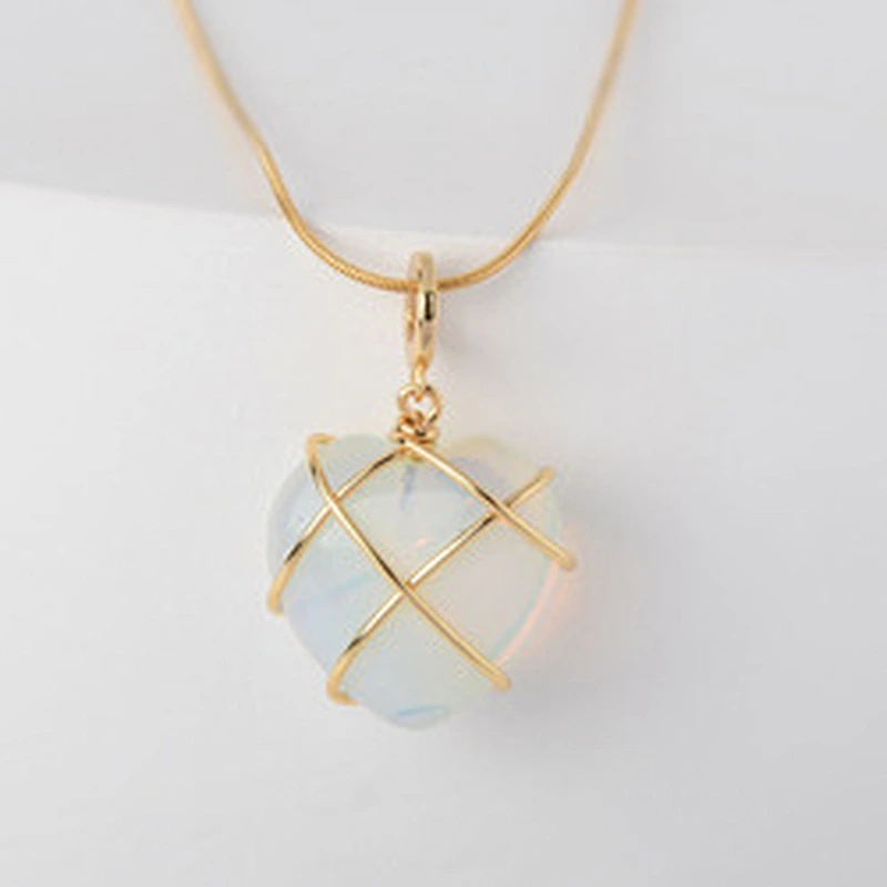 Wollet Natural Crystal Opal Powder Crystal Peach Heart DIY Winding  Heart Pendant Necklace