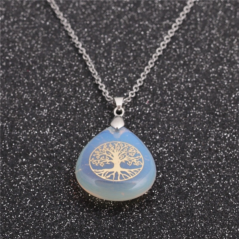 Wollet Wholesale Oval Natural Stone Yoga Agate Tree of Life Water Drop Shape Pendant Necklace