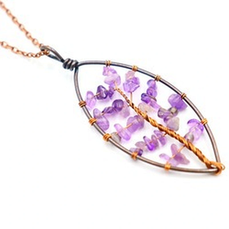 Wollet Natural Stone Bronze Hand-wound Gravel Charm Tree of Life Pendant Necklace