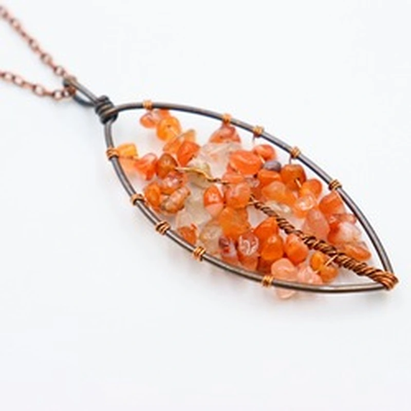 Wollet Natural Stone Bronze Hand-wound Gravel Charm Tree of Life Pendant Necklace