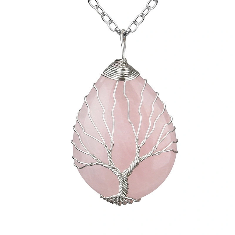 Wollet Natural Stone Rose Gold Winding Water Drop Shape Pendant Crystal Wire Necklace