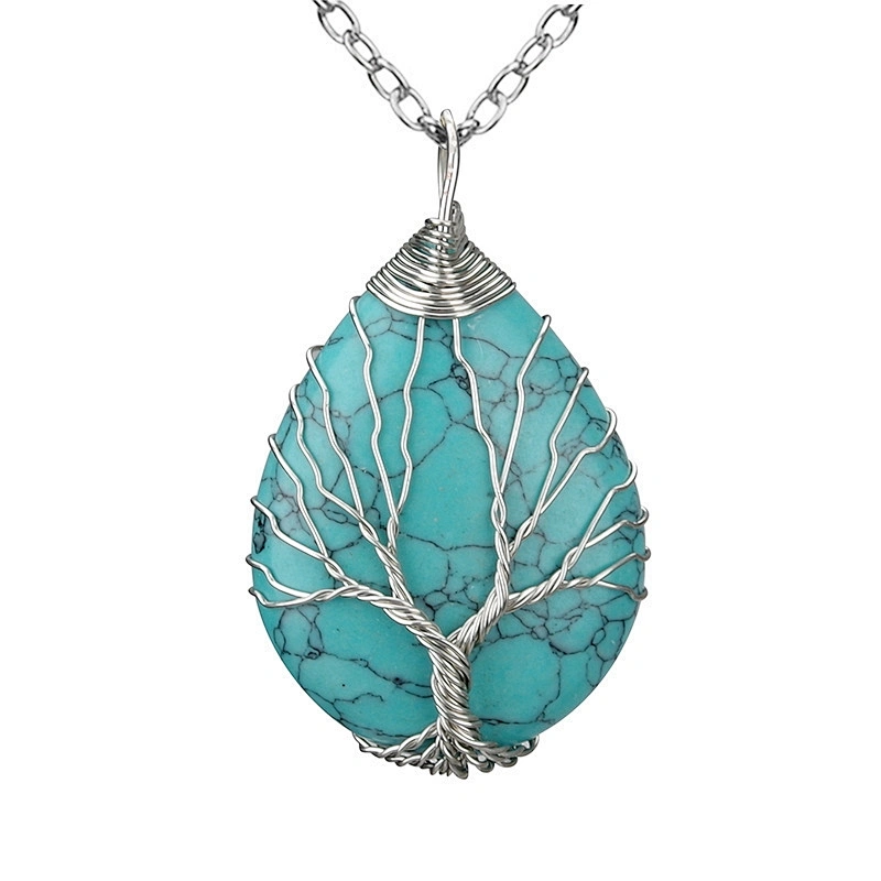 Wollet Natural Stone Rose Gold Winding Water Drop Shape Pendant Crystal Wire Necklace