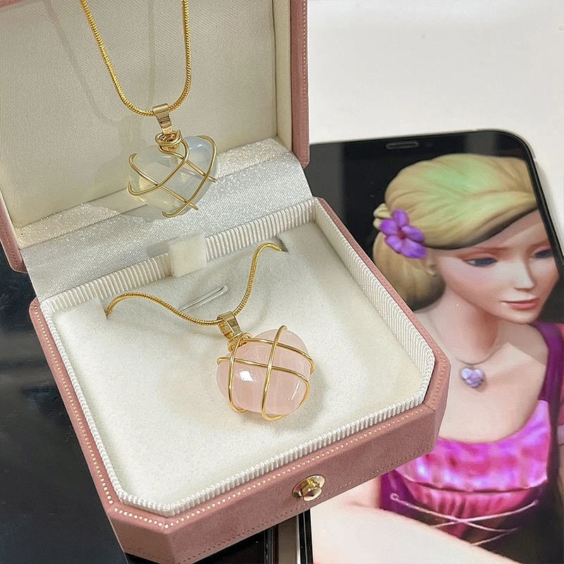 Wollet Natural Crystal Opal Powder Crystal Peach Heart DIY Winding  Heart Pendant Necklace
