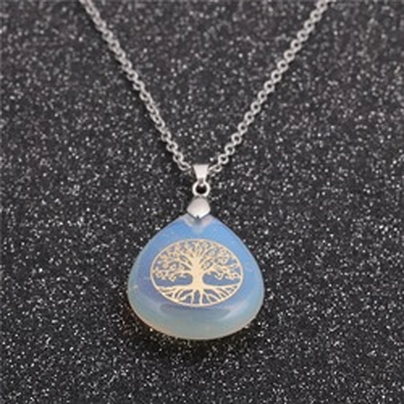 Wollet Wholesale Oval Natural Stone Yoga Agate Tree of Life Water Drop Shape Pendant Necklace