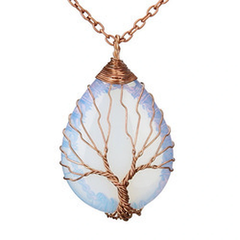Wollet Natural Stone Rose Gold Winding Water Drop Shape Pendant Crystal Wire Necklace