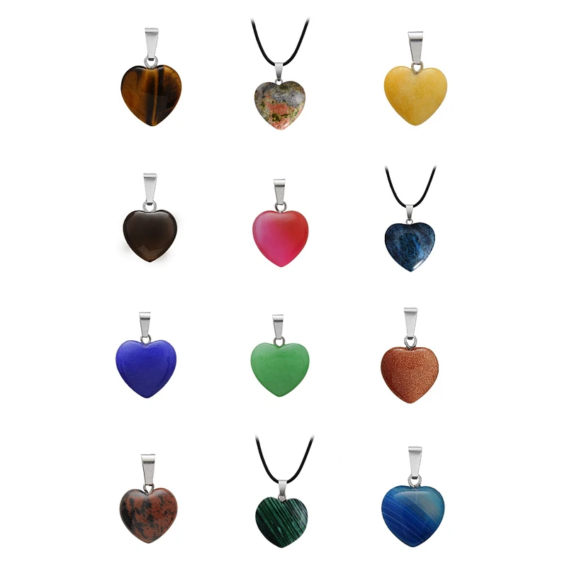 Wollet Wholesale Polished Mixed Stone Charms Natural Stone Heart Shape Agate Crystal Pendants Necklace