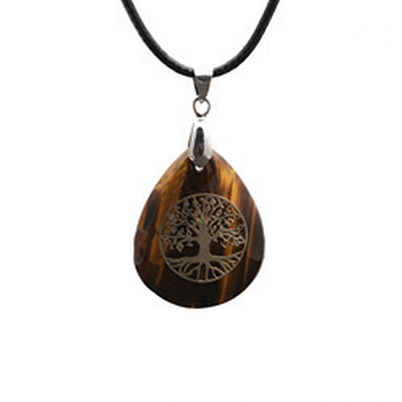 Wollet Wholesale Oval Natural Stone Yoga Agate Tree of Life Water Drop Shape Pendant Necklace