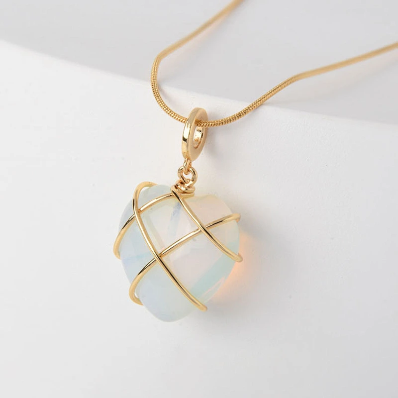 Wollet Natural Crystal Opal Powder Crystal Peach Heart DIY Winding  Heart Pendant Necklace