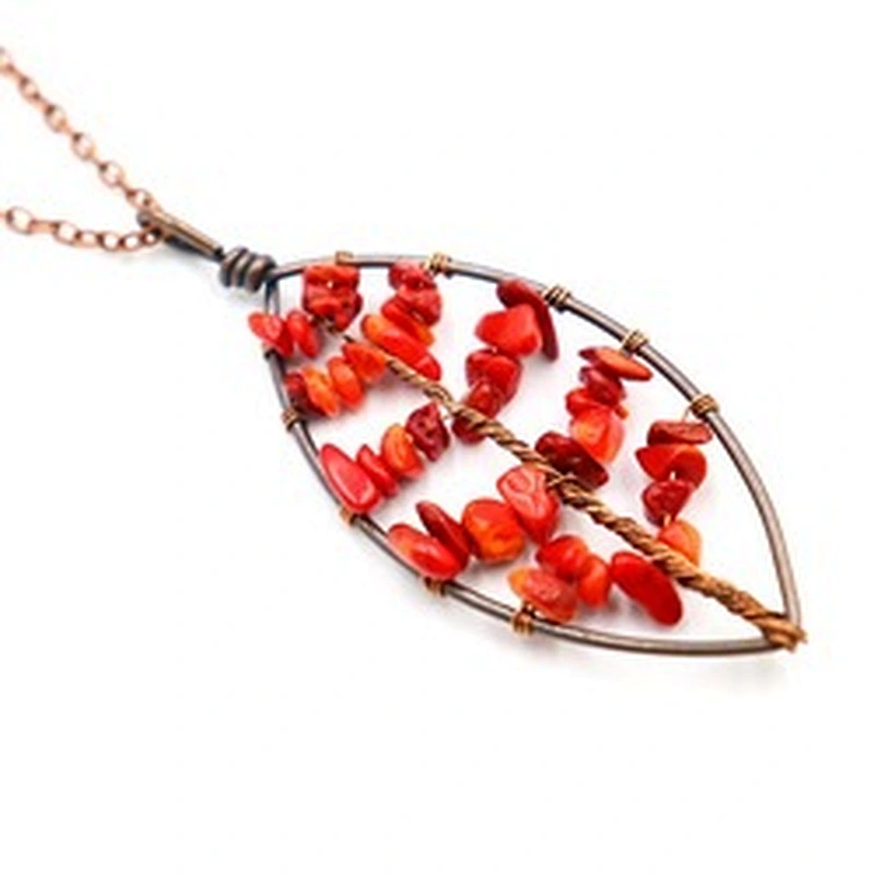 Wollet Natural Stone Bronze Hand-wound Gravel Charm Tree of Life Pendant Necklace