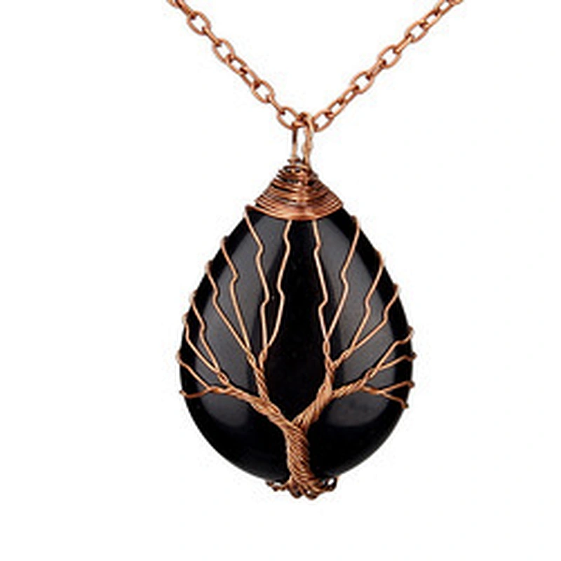 Wollet Natural Stone Rose Gold Winding Water Drop Shape Pendant Crystal Wire Necklace