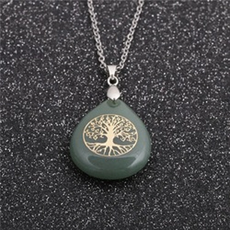 Wollet Wholesale Oval Natural Stone Yoga Agate Tree of Life Water Drop Shape Pendant Necklace