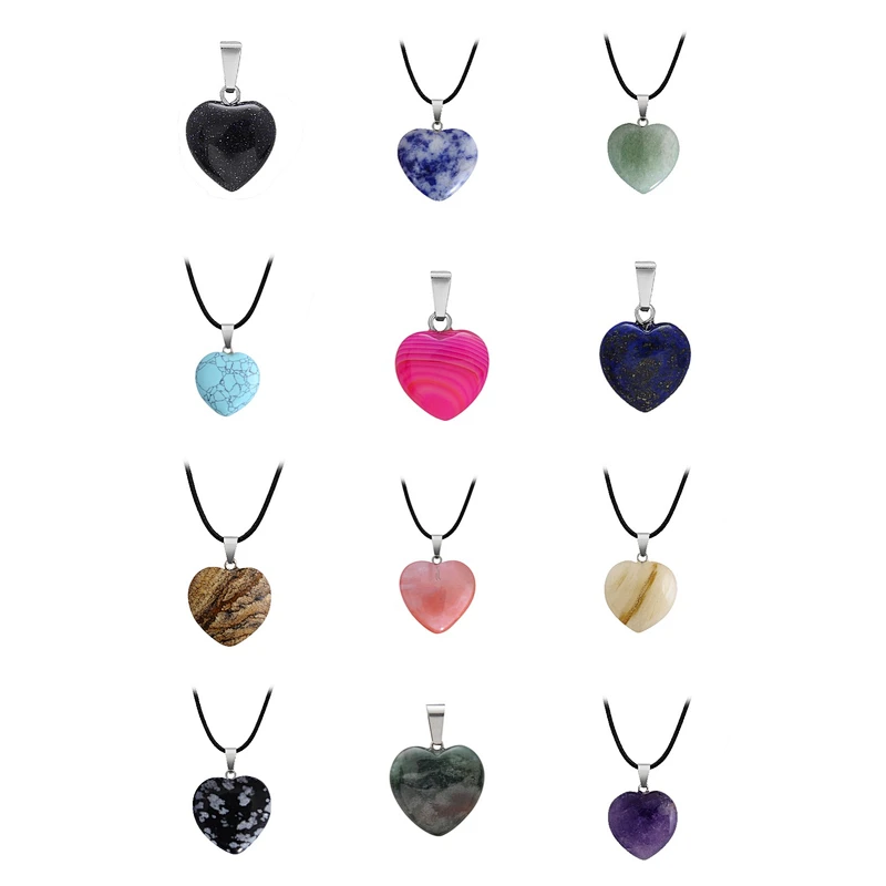 Wollet Wholesale Polished Mixed Stone Charms Natural Stone Heart Shape Agate Crystal Pendants Necklace