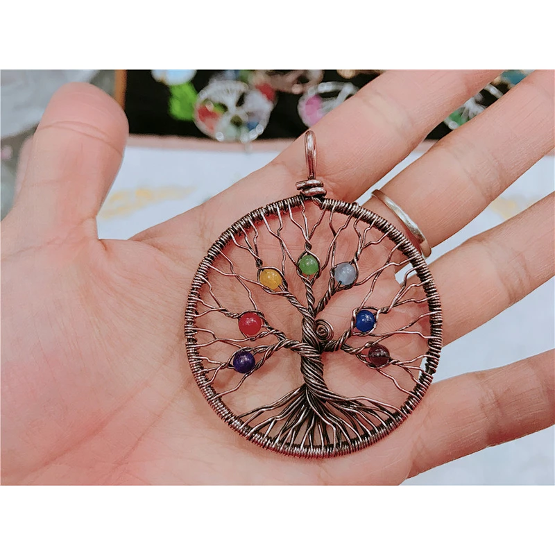 Wollet Wholesale Gemstones Charms for Peace Gift 7 Chakra Crystal Tree of Life Pendant Necklace