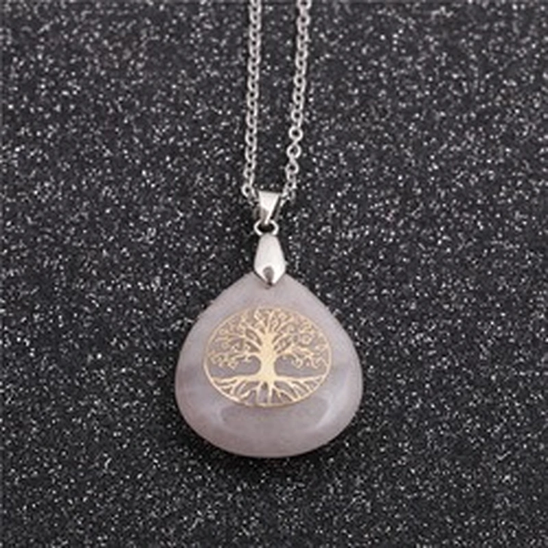 Wollet Wholesale Oval Natural Stone Yoga Agate Tree of Life Water Drop Shape Pendant Necklace